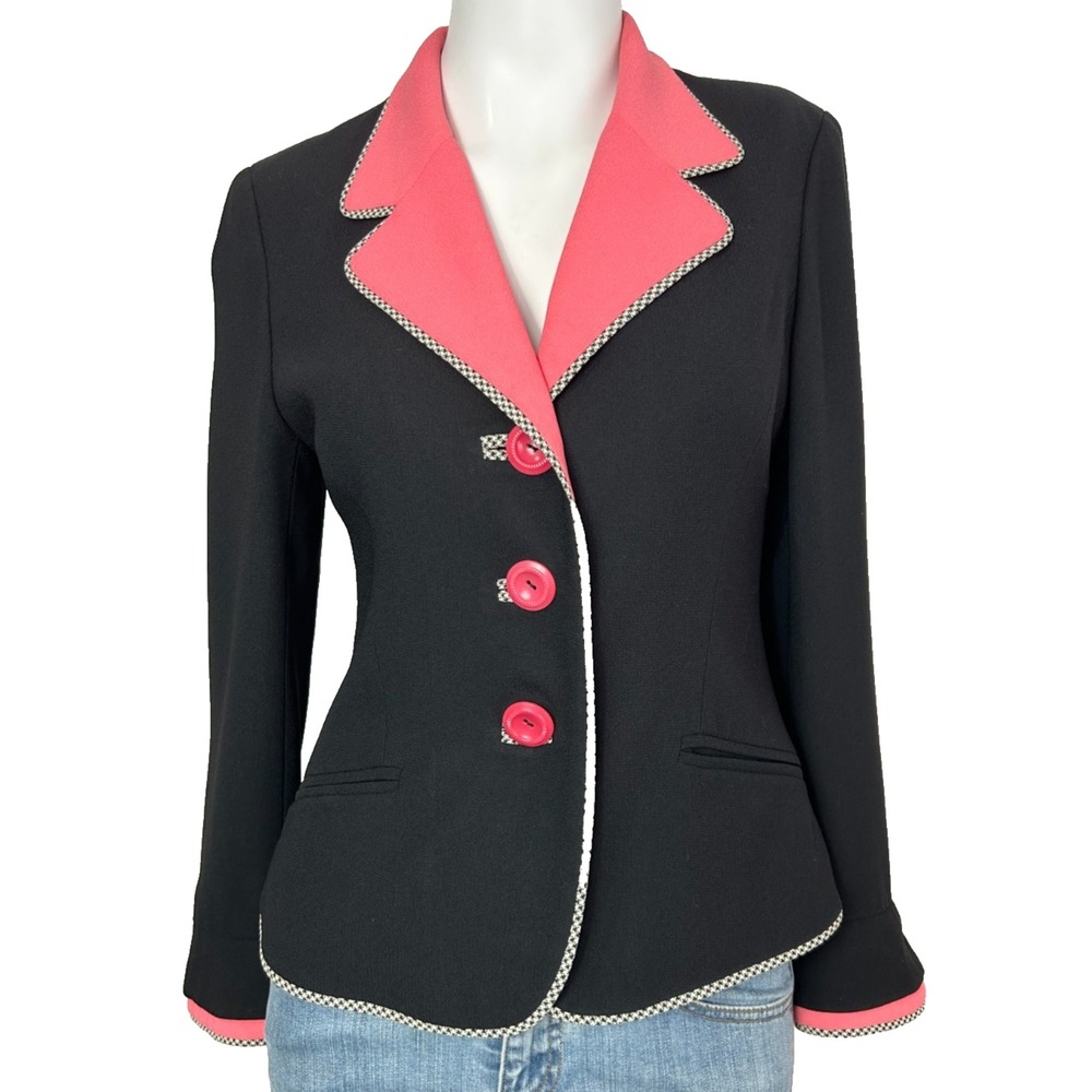 Vtg 90s Rickie Freeman Colorblock Blazer 4 Black Pink Houndstooth Power Jacket